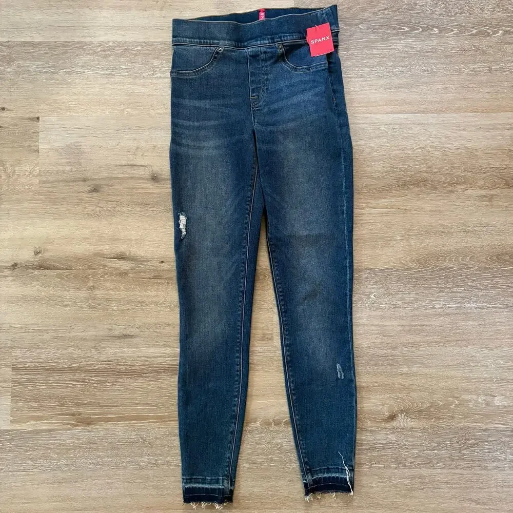 Spanx Womens mid rise pull on jegging distressed raw hem